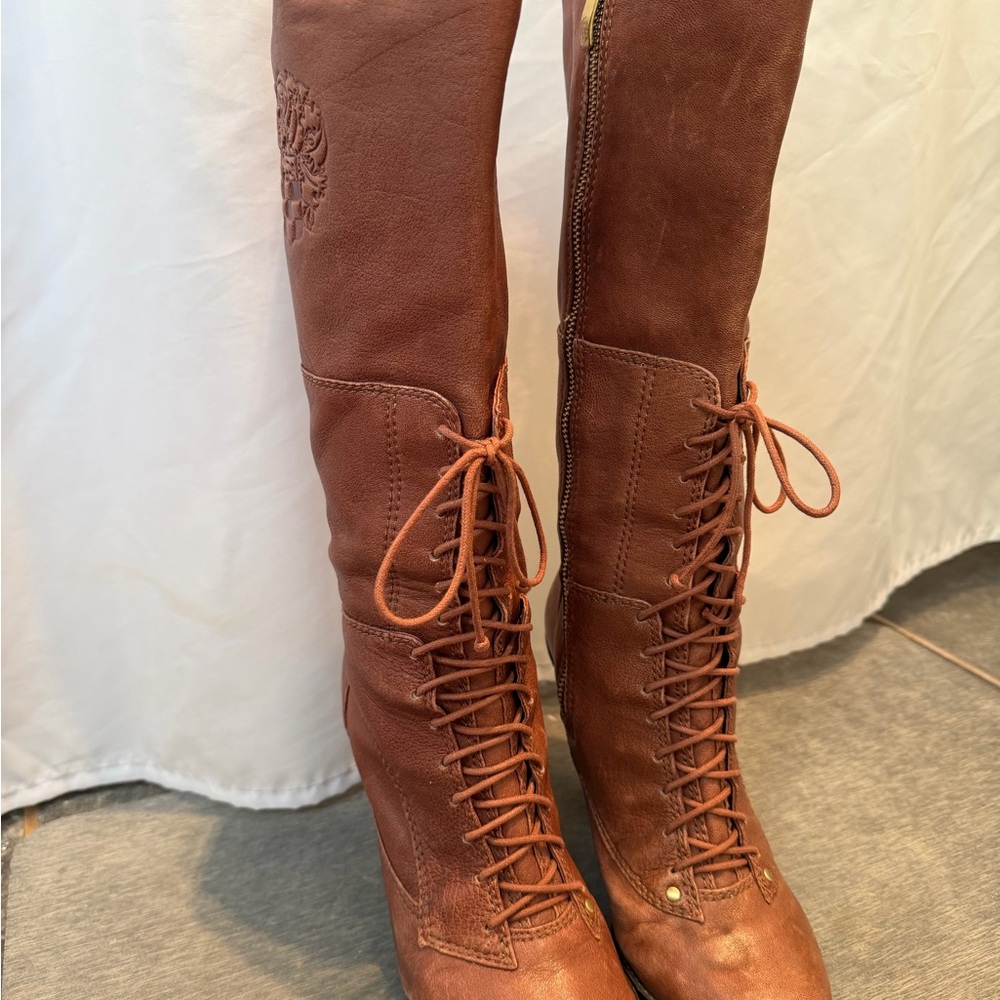 Vince Camuto Clara Vintage Brown Leather Knee-High Lace-Up Boots